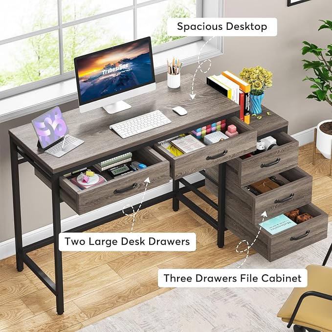 Tribesigns Computer Desk with 5 Drawers, Reversible Home Office Desks | Small Desk with Drawer Cabinet Printer Stand, PC Desk with Storage, Grey Study Writing Table Workstation for Small Spaces
