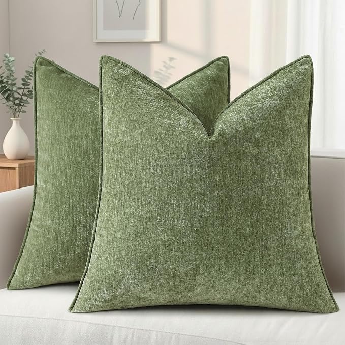decorUhome Chenille Olive Green Velvet Throw Pillow Covers 22x22 Set of 2 | Fall Soft Euro Sham Couch Decorative Modern Farmhouse Pillow Cases with Elegant Design for Sofa Bed Living Room Home Decor