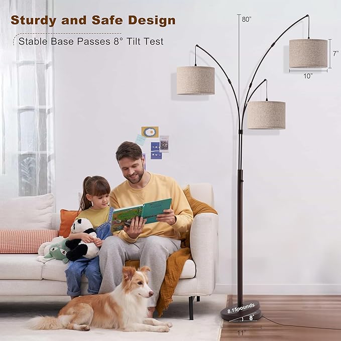 3 Light Arc Floor Lamps for Living Room, 2400LM Super Bright Floor Lamp with Remote Control, 80" Tall Floor Lamps with Stepless Dimmable, Mid Century Tree Floor Lamp for Bedroom, Office
