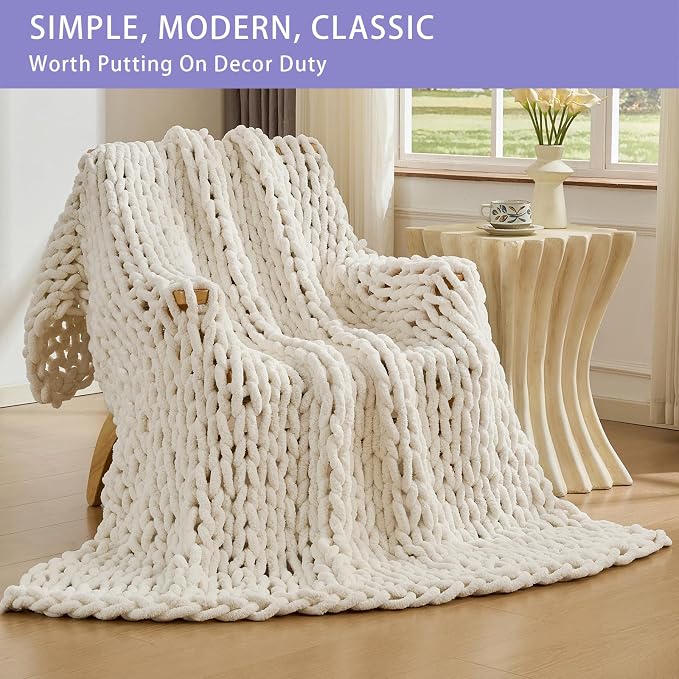 Bigacogo Chunky Knit Throw Blanket for Couch, 51x63 inches, Vintage White | Hand Knit with Jumbo Chenille, Soft Breathable Cable Knit for Sofa Bed Living Room, Machine Washable, Gift for Mom Friend