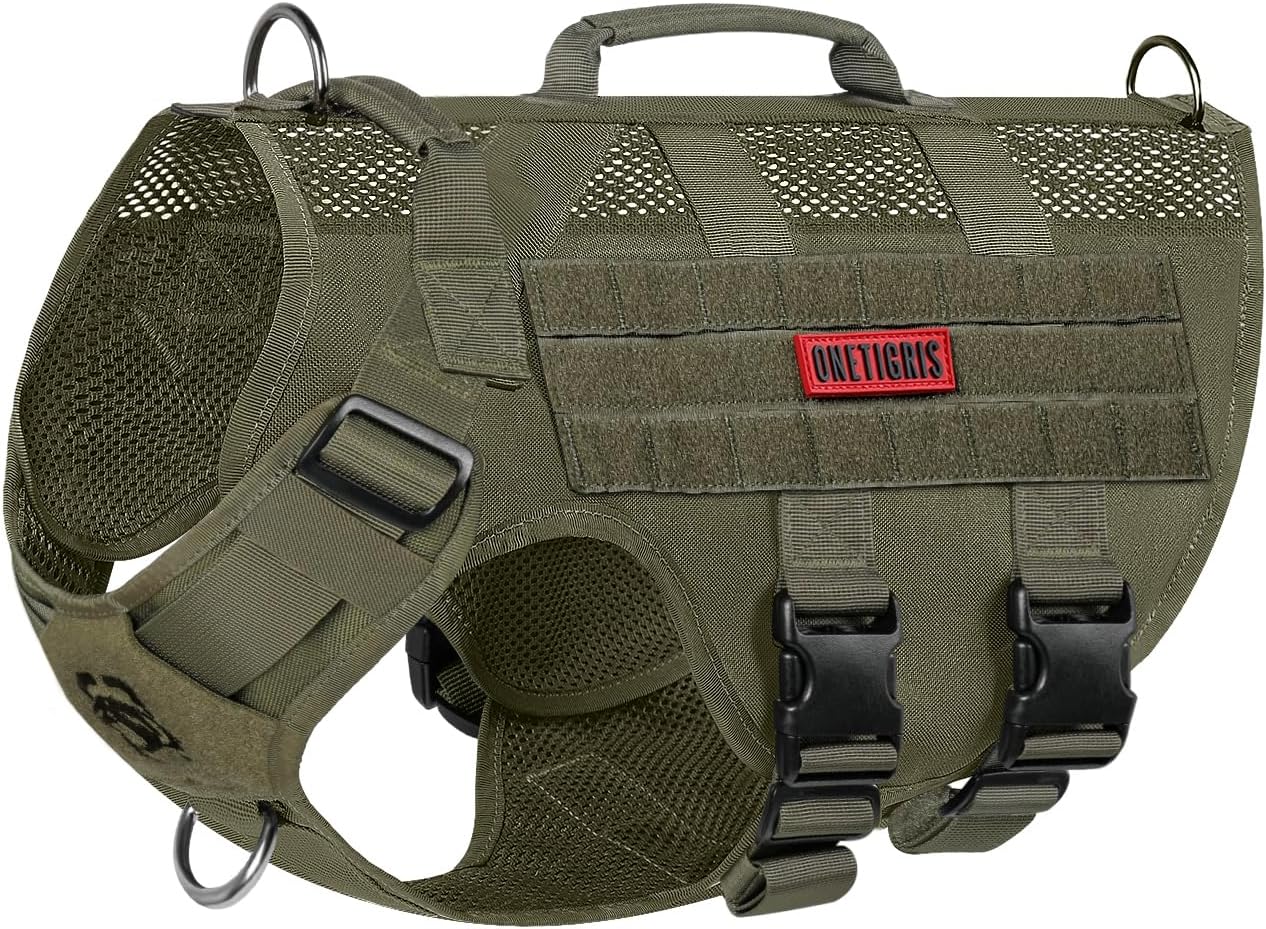 OneTigris No Pull Tactical Dog Mesh Harness for Medium Dogs, Aire Mesh Breathable Military Dog Molle Vests with Handles, Service Dog Vest Harness for Walking Hiking Training Green