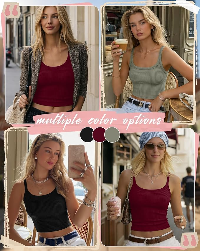 Ficerd 3 Pack Women's Tank Tops 95% Cotton Spaghetti Strap Ribbed Crop Camisole Slim Fitted Basic Summer Sleeveless Layer