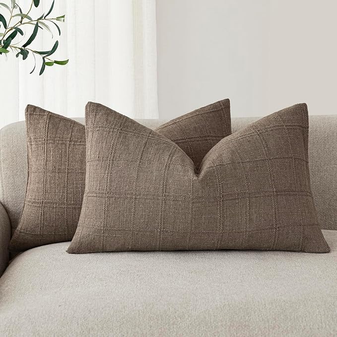 Foindtower Set of 2 Decorative Linen Check Throw Pillow Covers Neutral Farmhouse Lumbar Cushion Covers Modern Boho Home Decor for Sofa Chair Couch Bedroom Living Room,12×24 Inch,Taupe Grey