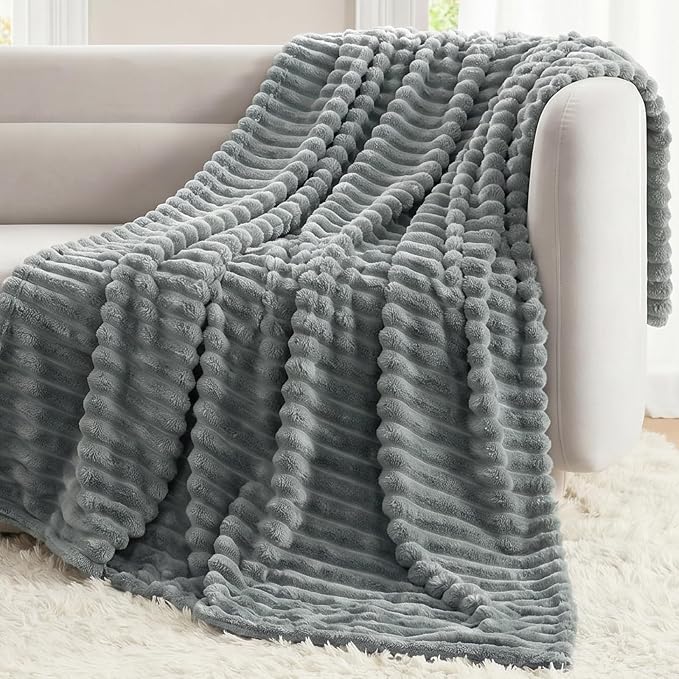 Gray Twin Blanket for Bed & Couch, 60 x 80 Inch | 300GSM Ribbed Fleece Blanket, Soft, Cozy & Lightweight, OEKO-TEX Certified, All-Season Use for Travel, Dorm & Home Decor