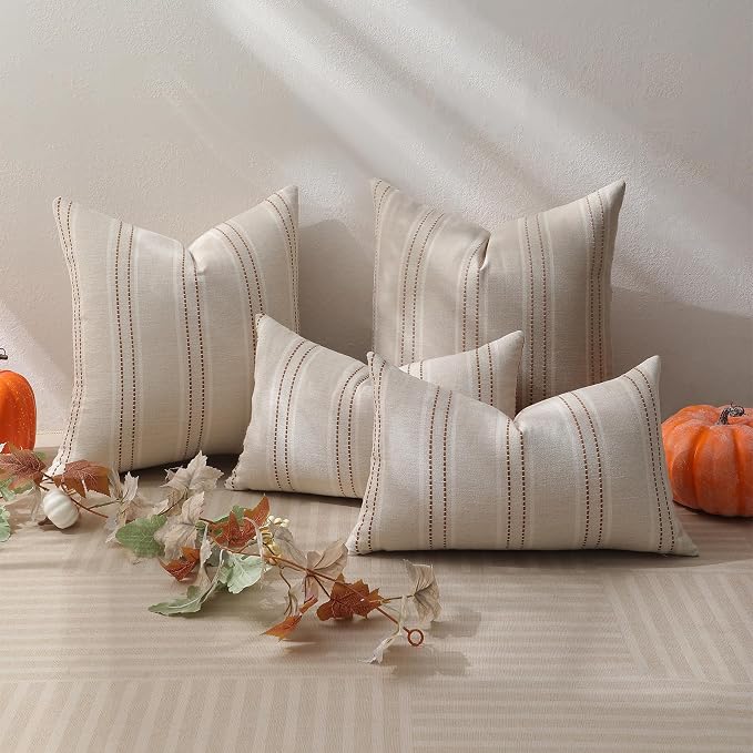 Hckot Fall Throw Pillow Covers 16x16 Set of 2 Striped Pillow Covers Textured Linen Decorative Pillows Square Cushion Covers for Sofa Couch Bed Living Room Farmhouse Decor(Caramel)