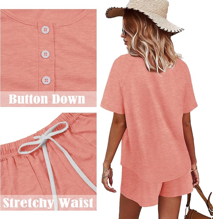 WIHOLL Two Piece Outfits for Women Lounge Sets Button Down Top and Shorts Set Sweatsuits with Pockets