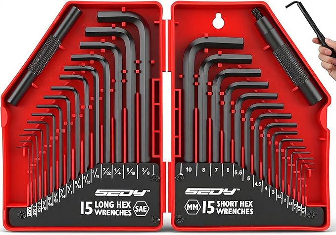 SEDY 32-Piece Hex Key Wrench Set, Metric and SAE Allen Wrenches (0.028-3/8 inch, 0.7-10 mm) L Shape Allen Keys, Chrome Vanadium Steelwith 2x Extension Handle