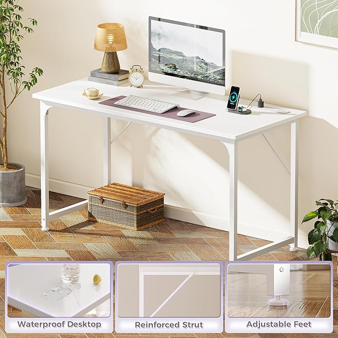 PRAISUN 47 X 20 Inch Computer Desk, Power Outlets, USB-C, White | Office Desk with 4 AC Outlets, USB & USB-C, Sturdy Metal Frame, Spacious Desktop for Work, Writing, Study & Gaming
