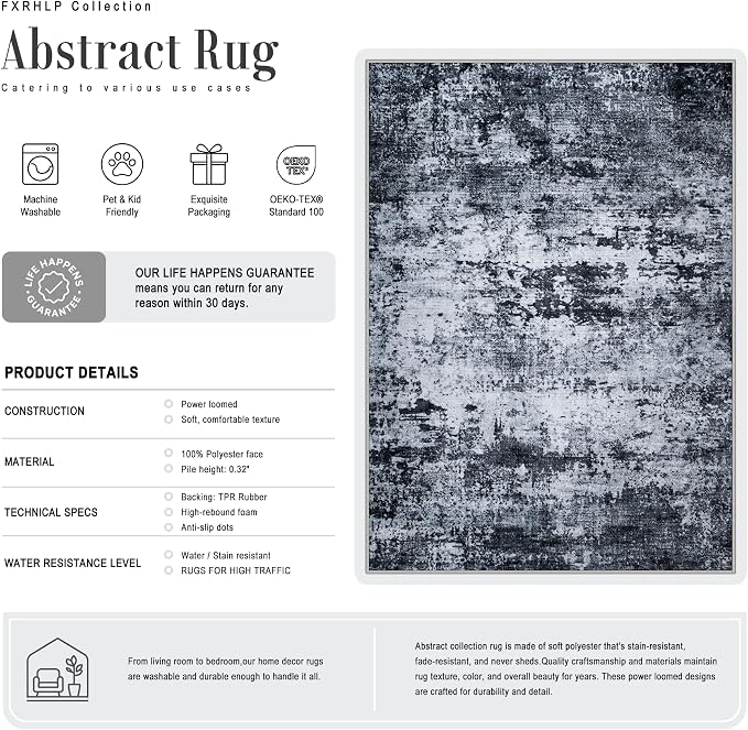 10x12 Area Rug Living Room Rug: Washable Modern Abstract Soft Thin Rug Indoor Floor No Slip Stain Resistant Carpet for Bedroom Dining Room Farmhouse Nursery Home Office - Black