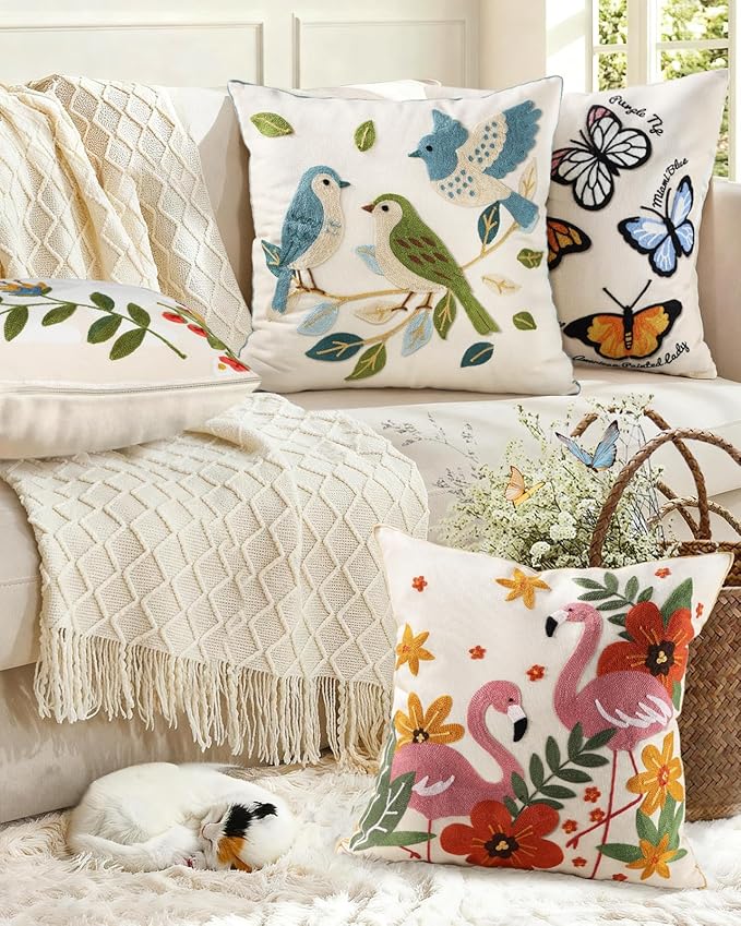 Animal Embroidered Throw Pillow Cover 18x18 Inch, Floral Birds | Decorative Pillow Cover, Cottagecore Cushion Cases with Hidden Zipper, Farmhouse Decor for Couch, Sofa, Living Room