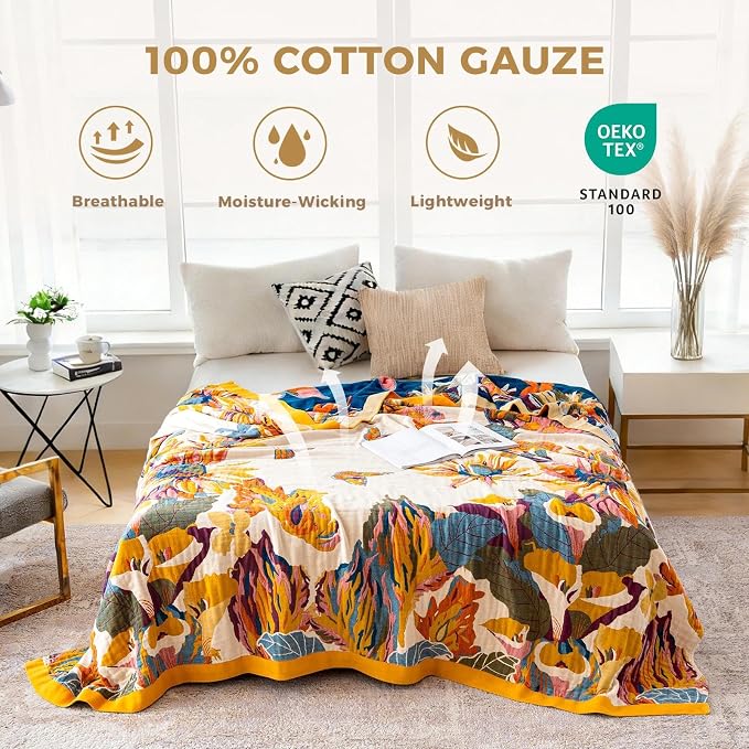 LUTBM Throw Blanket for Bed, 100% Cotton Boho Lightweight Quilt, Room Decor | Reversible 90"x98" Floral Butterfly Blankets, All-Season, For Chair Sofa Couch Room, Breathable Soft Bedspread for Summer