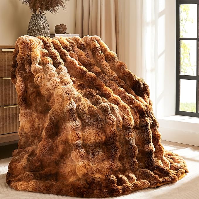L'AGRATY Faux Fur Throw Blanket for Couch, 60''x80'' Tie-Dye Caramel Brown | Soft Cozy Bubble Fluffy Blanket for Sofa Bed, Thick Warm Plush Fuzzy Throw for Room Home Decor, Luxury Gift for Women Mom