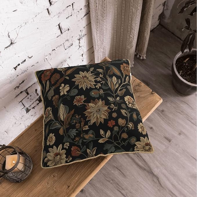 Black Boho Vintage Flowers Velvet Pillow Covers 18x18 Inch Retro Art Brown Floral Throw Pillows for Couch Cushion Covers Pillowcase Farmhouse Bohemian Pillow Cases for Sofa Bed Bedroom