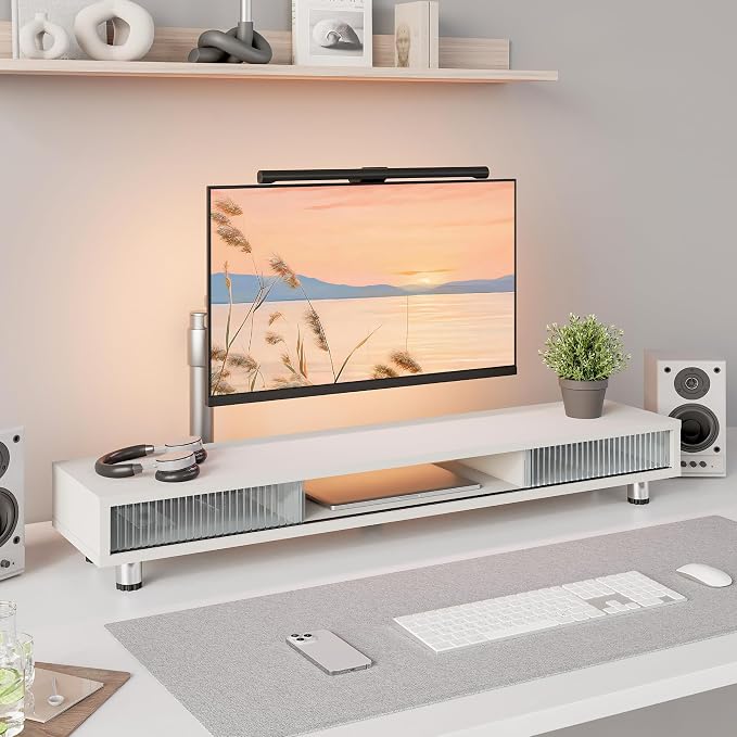 Fenge Dual Monitor Stand, 42.5inch Long Monitor Stands Riser for 2 Monitors, Glass Sliding Door with Storage Organizer Stand for Desk, 2 Tier Desk Shelf for Laptop, Pc, Printer, Computer, TV