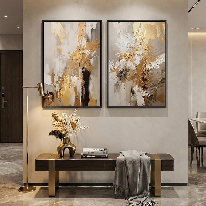 Large Framed Neutral Abstract Wall Art, 2 Piece Modern Canvas Prints Paintings, Beige Gold Abstract Pictures for Living Room Hallway Dining Room Bedroom Office Wall Decor 24x36 In
