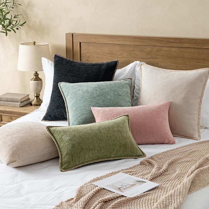 a moment Pack of 2 Decorative Chenille Throw Pillow Covers with Twill Cushion Covers for Sofa Living Room Couch Bed 22x22 Inch,Crafted Border Beige