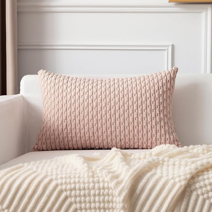Kevin Textile Soft Corduroy 14"x24" Lumbar Pillow Cover 1 Pack, Light Pink | Boho Stripe Plush Corduroy Decorative Oblong Cushion Cover Modern Farmhouse Home Decor for Sofa Couch Bed Chair