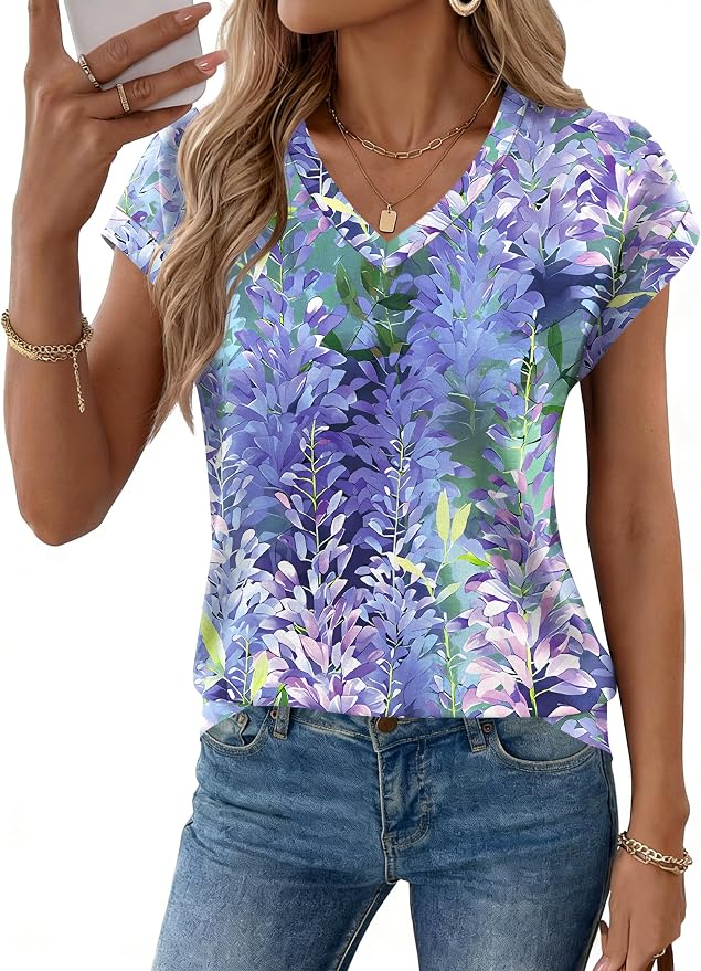 Rapbin Womens Summer Tops Women Blouses Dressy Casual V Neck T Shirts Short Sleeve Spring Tops for Women