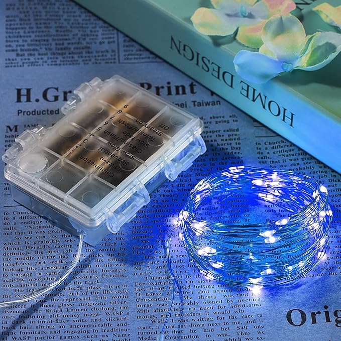 1 Pack 32.8 Ft. Battery Operated Outdoor String Lights with Remote & Timer, LED Blue Fairy Lights, Waterproof Twinkle Lights for Bedroom, Dorm, Mason Jar, Wedding, Party, Christmas