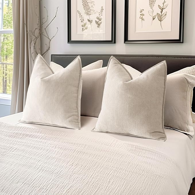 MIULEE Pack of 2 Cream Beige Euro Shams Chenille Pillow Covers 24x24 Inch | Decorative Soft Couch Throw Pillows,Farmhouse Cushion Covers,Elegant Design for Sofa,Bed,Living Room,Summer Decor