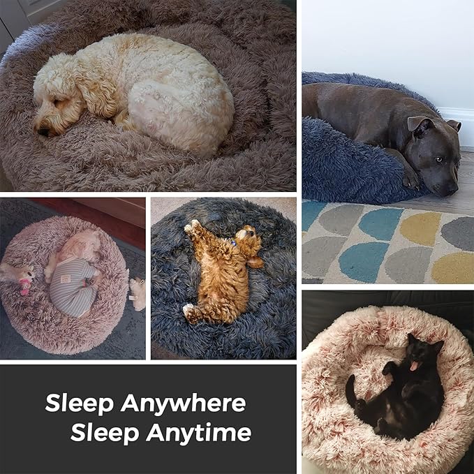 Medium Calming Dog Bed & Cat Bed with Anti-Slip Bottom, Medium Size Washable Anti-Anxiety Donut Dog Beds for Medium & Large Dogs, Fluffy Plush Cozy Round Dog Bed(30 Inch, Light Grey)