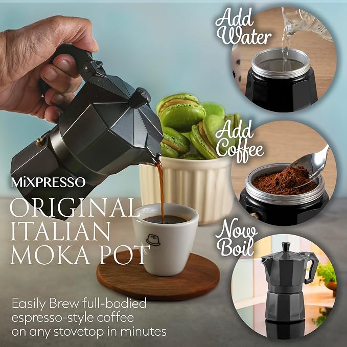 Mixpresso 3 Cup Moka Pot Stovetop Espresso Maker, Italian Cuban Coffee Pot | 5oz aluminum Italian coffee maker for gas and electric stovetops, small design for traditional coffee at home, Mug 4.4 Oz