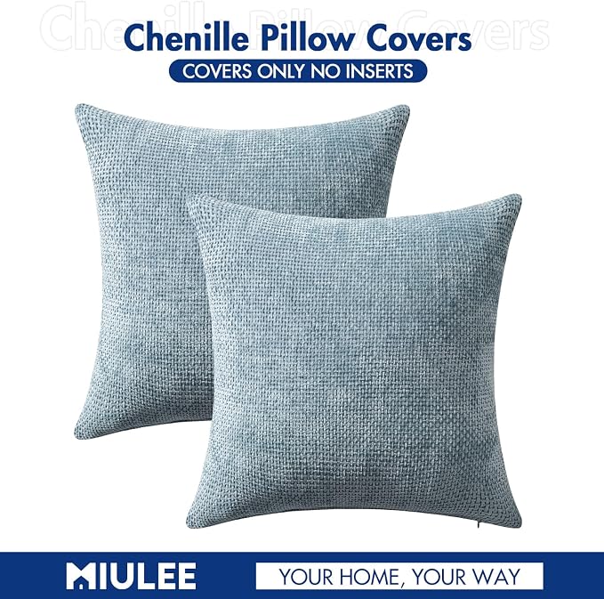 MIULEE Decorative Lumbar Throw Pillow Covers 12x20 Inch Coastal Blue 2 Pack | Modern Boho Accent, Soft Chenille Pillow Covers, Farmhouse Cushion Cases for Couch Bed Sofa Living Room Home Decor