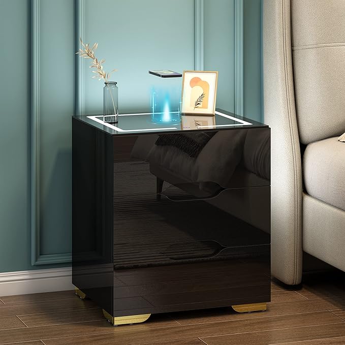Black Smart Nightstand with Wireless Charging Station & USB Charging, High Gloss Smart Bedside Table with Adjustable LED Lights, End Table Organizer for Bedroom Living Room Office Use