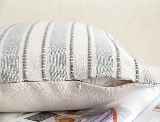Cethom Decorative Boho Throw Pillow Covers, Farmhouse Textured Pillow Case, 20 x 20 Inch Set of 2, Chair Sofa Bedroom Living Room Home Decor Couch Cushion Case, Grey and Beige Striped