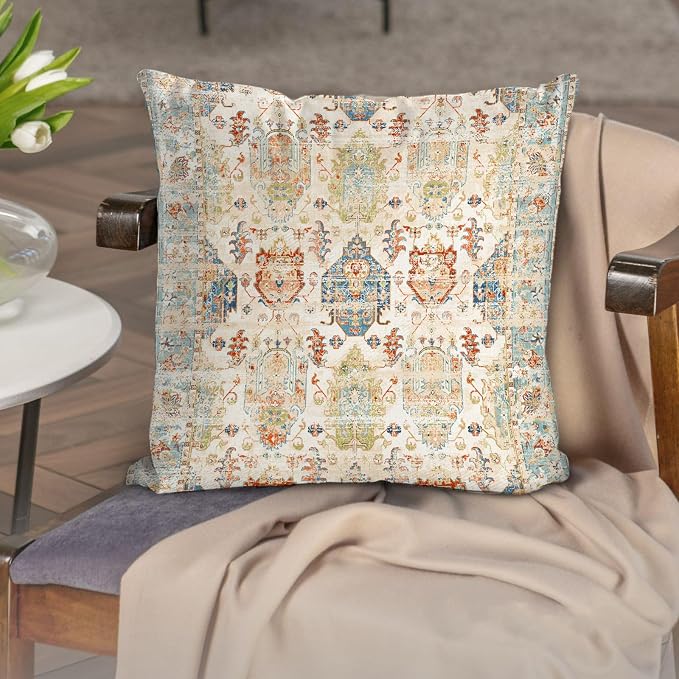 Boho Floral Throw Pillow Covers 20x20 inch Set of 2,Beige Boho Rug Geometric Floral Pattern Decor Double Sided Pattern Cushion Cover Soft Pillow Case Living Sofa Room Bed Square Pillow Cover