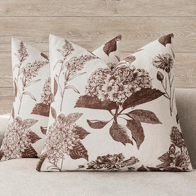 Foindtower Set of 2 Linen Floral Throw Pillow Covers Neutral Vintage Print Decorative Cushion Covers Farmhouse Boho Home Decor for Sofa Chair Couch Bedroom Living Room,18×18 Inch,Dark Brown