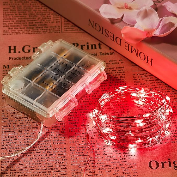 1 Pack 65.6 Ft. Battery Operated Outdoor String Lights with Remote & Timer, LED Red Fairy Lights, Waterproof Twinkle Lights for Bedroom, Dorm, Mason Jar, Wedding, Party, Christmas