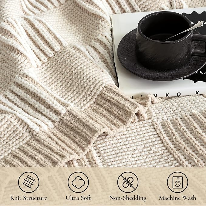 Knit Throw Blanket, Soft Chenille Cozy Breathable Dual Tone Checkered Chunky Decorative Blanket for Couch, Bed & Sofa, French Lightweight Warm Gift for Women, Beige, 60"x80"