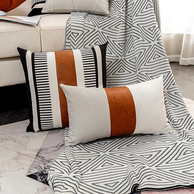 Farmhouse Throw Pillow Covers for Couch Sofa Decorative Faux Leather Square Cushion Cover Tribal Stripe Accent Pillow Case 20 x 20 Inch, Black