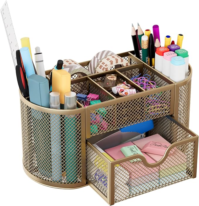 EasyPAG Mesh Pen Holder Desk Organizer with Drawer Stationery Supplies Organizer for Dorm School 9 Compartments Workspace Desk Accessories Organization for Office, Gold