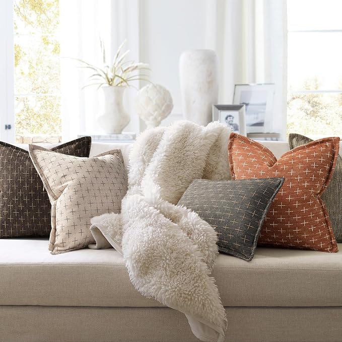 Fall Pillow Covers 16x16 Set of 2 Soft Polyester Textured Rust Pillow Covers with Stylish Flange Edge Cozy Farmhouse Throw Pillows for Couch Bed Sofa Living Room Fall Decor