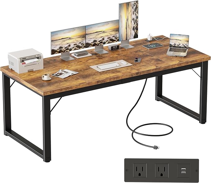 Mericonia 63x28 Inch Computer Desk w/Power Outlets, 1.2" Thick Office Table | Modern Simple Style, Heavy Duty Industrial Frame, Large Study & Writing Table for Home Bedroom Work, Brown