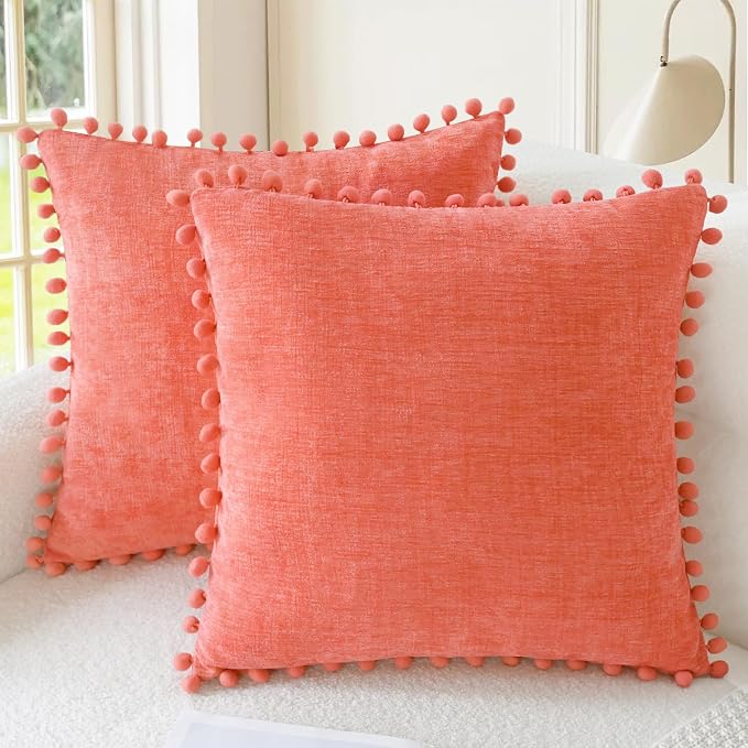 CaliTime Decorative Couch Throw Pillow Covers 16 X 16 Inches Living Coral | Pack of 2, Cozy Chenille Cushion Cases, with Pom Poms for Sofa Bed Living Room Farmhouse Home