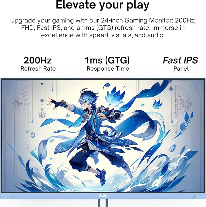 Pixio PX248 Wave Blue 24 inch 200Hz Refresh Rate FHD 1080p Resolution Fast IPS Panel 1ms GTG Response Time Built-in Speakers Gaming Monitor with Adaptive Sync