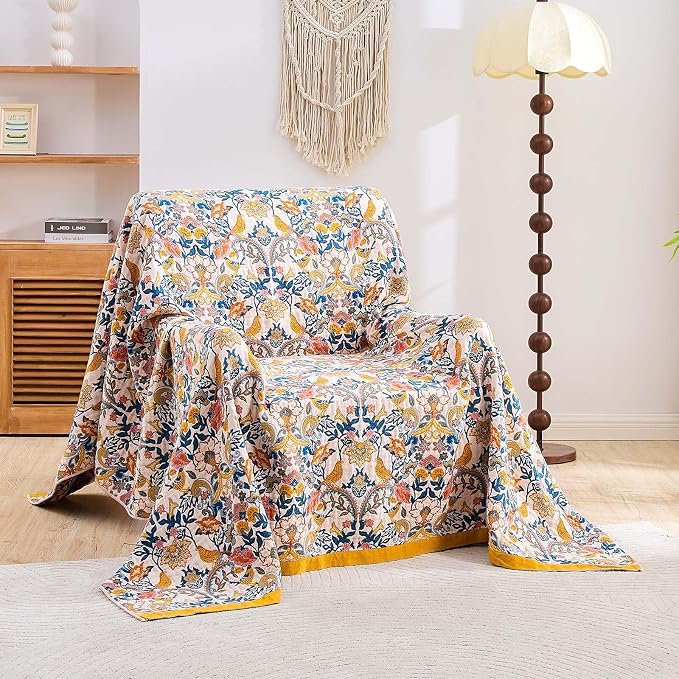 XIBLC Boho Blanket Throw Quilt, 100% Cotton Soft Light Weight Throw Blankets for Summer, 90"x98" Farmhouse Flower Decorative Blankets, All Season Rustic Reversible Bohemian Throw Quilt