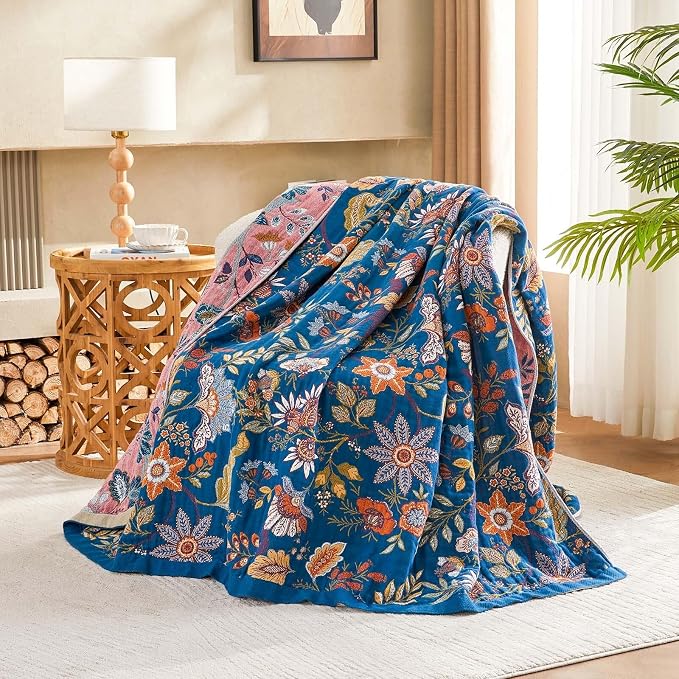 XIBLC Fall Throw Blanket for Couch, Blue Boho Decorative Throw Blanket, 100% Cotton Muslin Breathable Woven Farmhouse Blankets Quilt, 60"x80" Reversible Lightweight Blankets Bohemian Throw Quilt