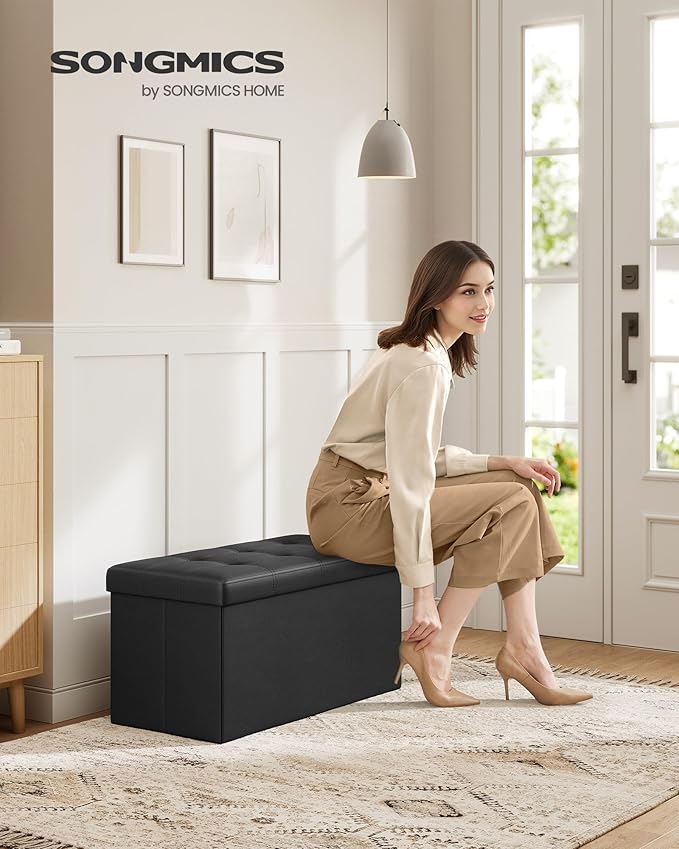 SONGMICS MAZIE Collection - 30 Inches Folding Storage Ottoman Bench, Ottoman with Storage, Foot Rest Stool, Load 660 lb, for Living Room, Synthetic Leather, Black ULSF105