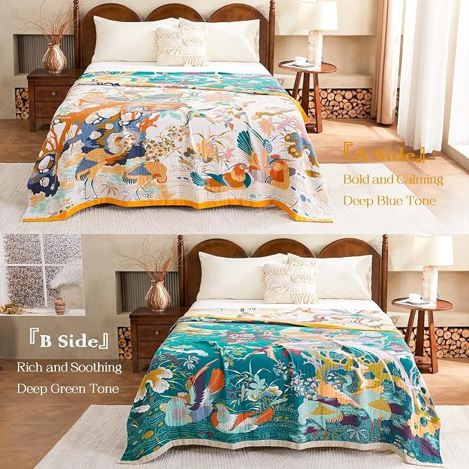 XIBLC Fall Throw Blanket for Couch, Yellow Boho Decorative Throw Blanket, 100% Cotton Muslin Breathable Woven Farmhouse Blankets Quilt, 90"x98" Reversible Lightweight Blankets Bohemian Throw Quilt