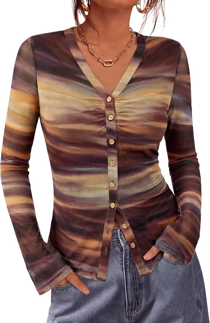 BTFBM Button Down Shirts for Women 2026 Fall Boho Tops V Neck Long Sleeve Blouses Ruched Mesh Fitted Fashion Clothing