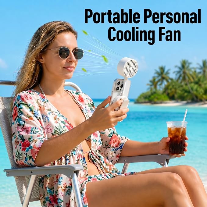 Magnetic Phone Fan, Small Portable Fan & Phone Stand with 360° Flexible Gooseneck, 3 Speeds, Wide Airflow, Rechargeable, Pocket Size for Women, Travel, Beach, Summer Cooling, Makeup Use, White