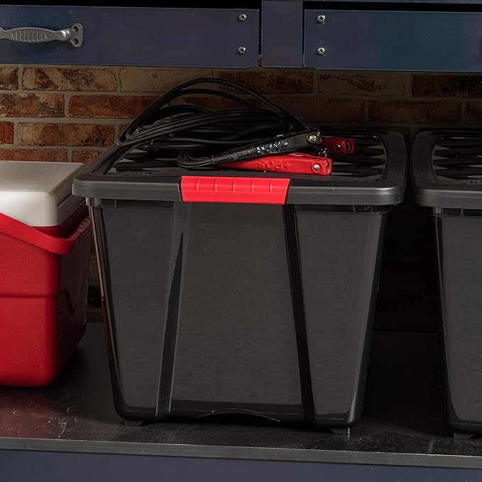 IRIS USA 54 QT Plastic Storage Box with Lid and Latches - 6 Pack - BPA-Free, Garage Organizing Solution, Durable Nestable Stackable Containers, Secure Pull Handle - Black