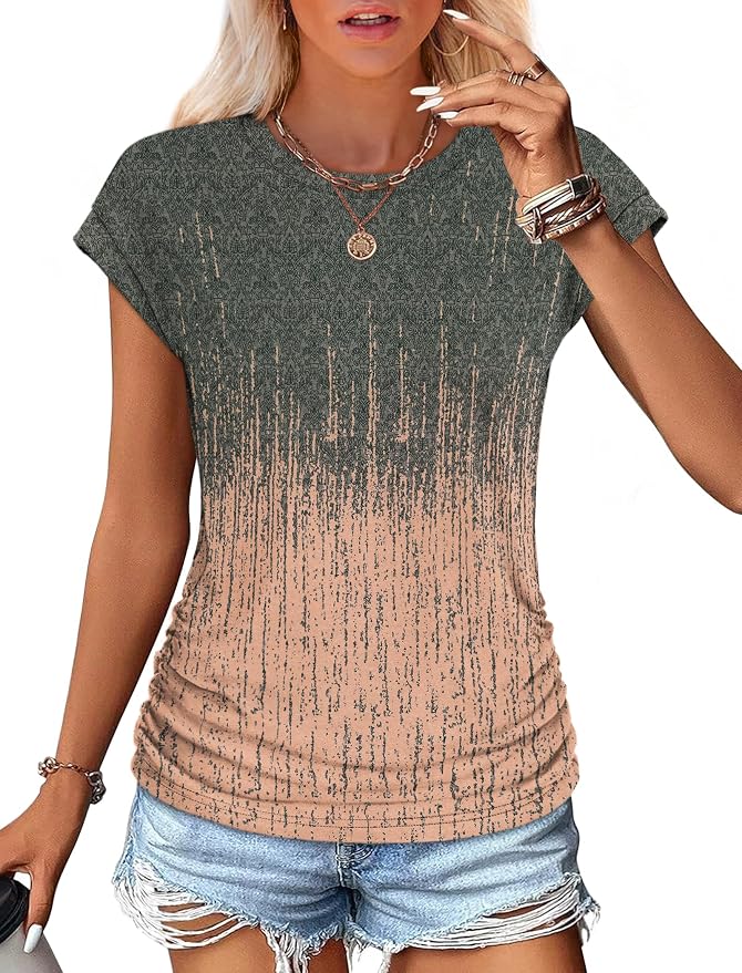Sampeel Womens Summer Tops Trendy 2026 Ruched Cap Short Sleeve Tshirts Shirts Crew Neck T Shirts Fashion