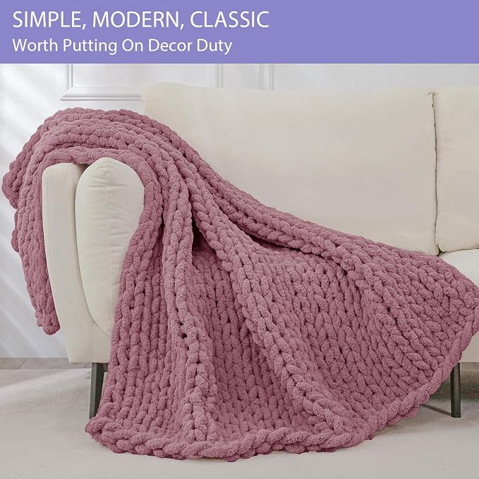 Bigacogo Chunky Knit Throw Blanket for Couch, 51x63 inches, Burnt Rose | Hand Knit with Jumbo Chenille, Soft Breathable Cable Knit for Sofa Bed Living Room, Machine Washable, Gift for Mom Friend