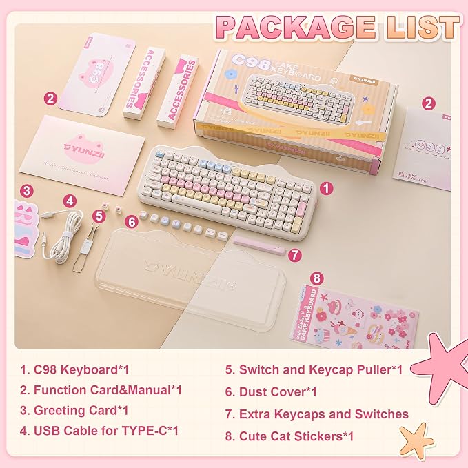 YUNZII C98 Cute Cake Wireless Mechanical Keyboard(Beige, Milk Switch) | 99 Keys with Number Pad, Hot Swap, PBT MOA Keycaps, BT5.0/2.4G/USB-C, Gasket Mount, Custom RGB Backlit for Win/Mac