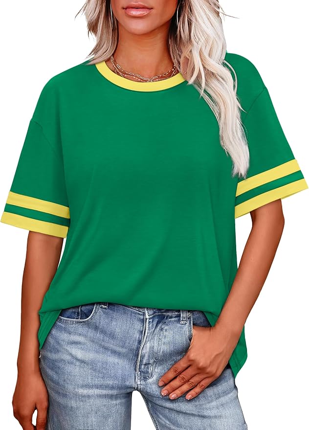 WIHOLL Womens T Shirts Loose Fit Short Sleeve Tees Crew Neck Color Block Summer Tops 2026 Fashion